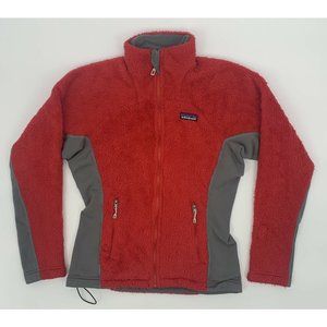 Women's Patagonia R Full Zip Fuzzy‎ Fleece Polartec Jacket Red Gray Trim Small